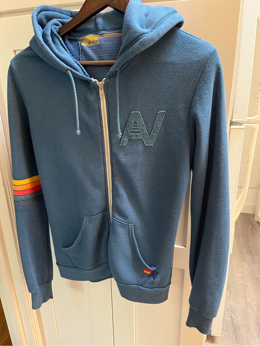 Aviator Nation Blue Zip Hoodie with Stripe Sleeve XS women’s hoodie sweater top